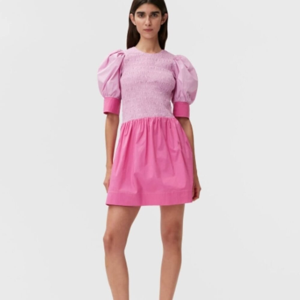 NWT Ganni Colorblock Poplin Cotton Mini Dress in Pink L DK40 $255